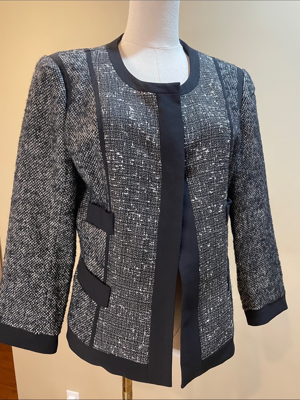 Narciso Rodriguez Black Gray Metallic Tweed Open-Front Jacket